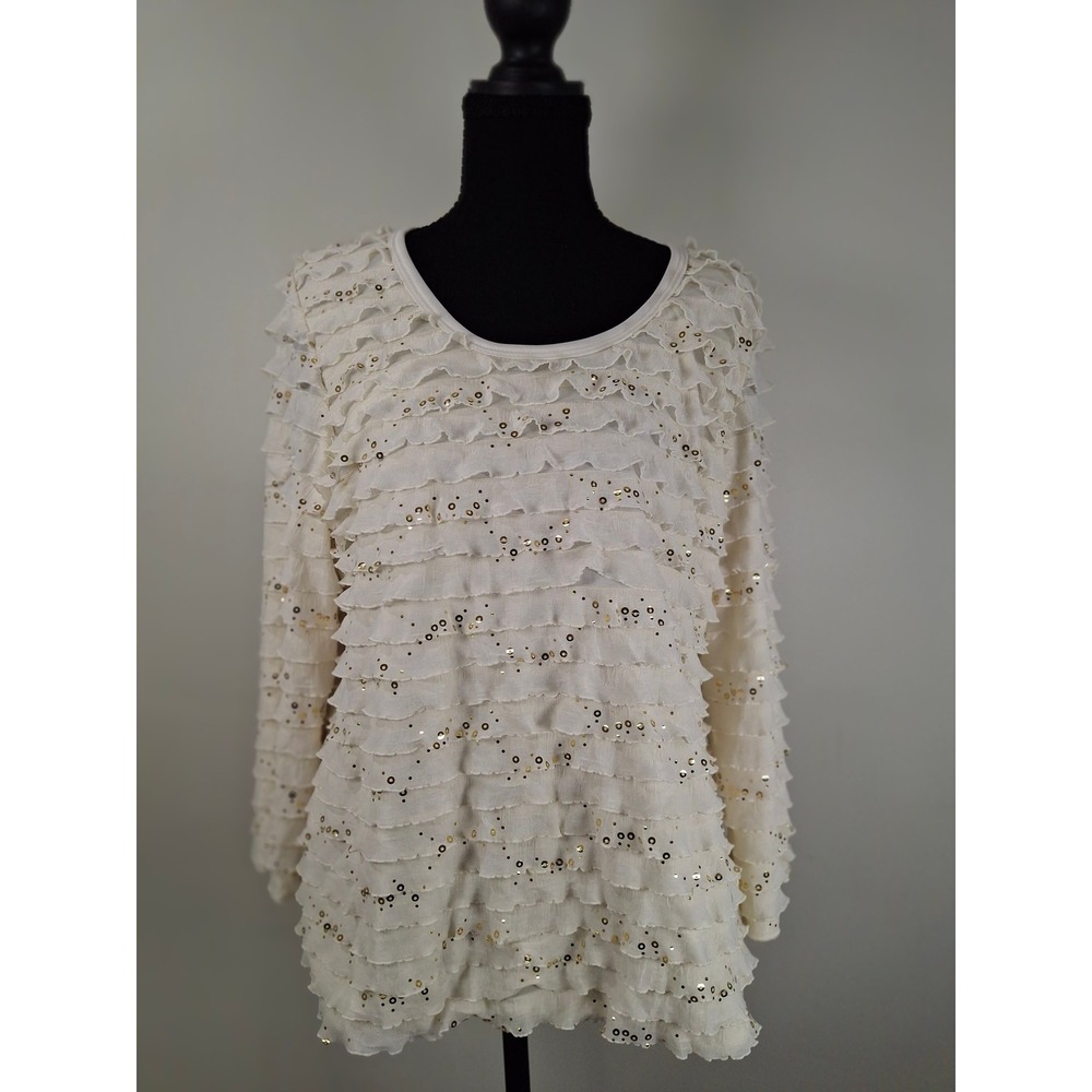 Travel Elements Ivory Ruffle Sequin Blouse Long Sleeve Tiered Top SM2374 Large